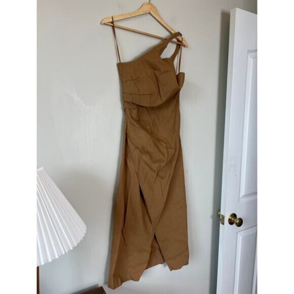 NEW A.L.C. Sylvie Linen Halter-Neckline Asymmetric Pleat Midi Dress Brown Size:2 - Picture 3 of 7